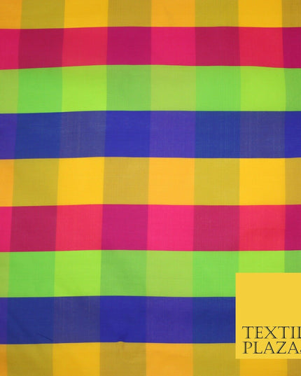 High Quality Bright Vibrant 4 Colour Check Faux Taffeta India Silk Dress Fabric