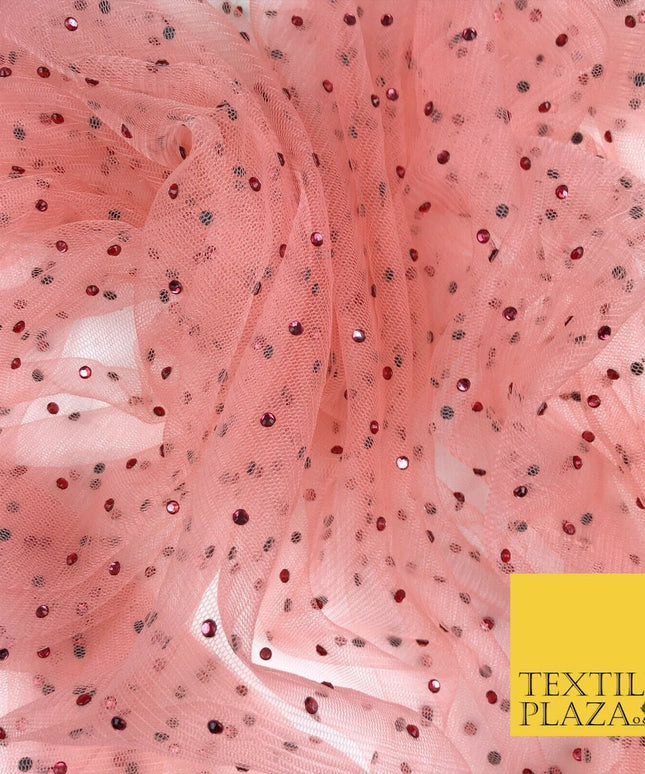 LIGHT SALMON PINK Diamonte Multi Stone MeshNet Fabric BridalSheer CraftDress1441
