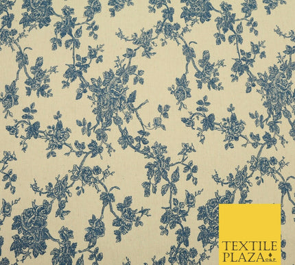 Blue Cream Floral POLYCOTTON CANVAS Dress Fabric Craft Bags 60" Wide 1645