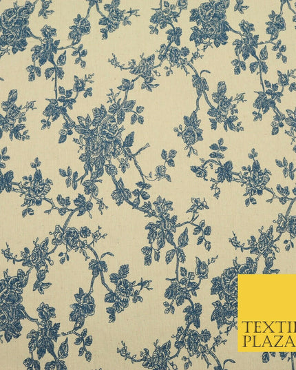 Blue Cream Floral POLYCOTTON CANVAS Dress Fabric Craft Bags 60" Wide 1645