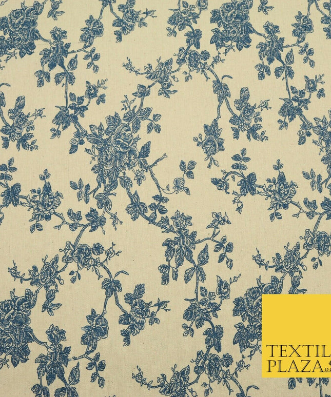Blue Cream Floral POLYCOTTON CANVAS Dress Fabric Craft Bags 60" Wide 1645