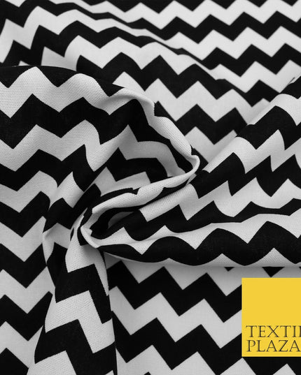 BLACK WHITE Zig Zag Wacky Illusion Print CANVAS Fabric Craft Dress Bags 1637