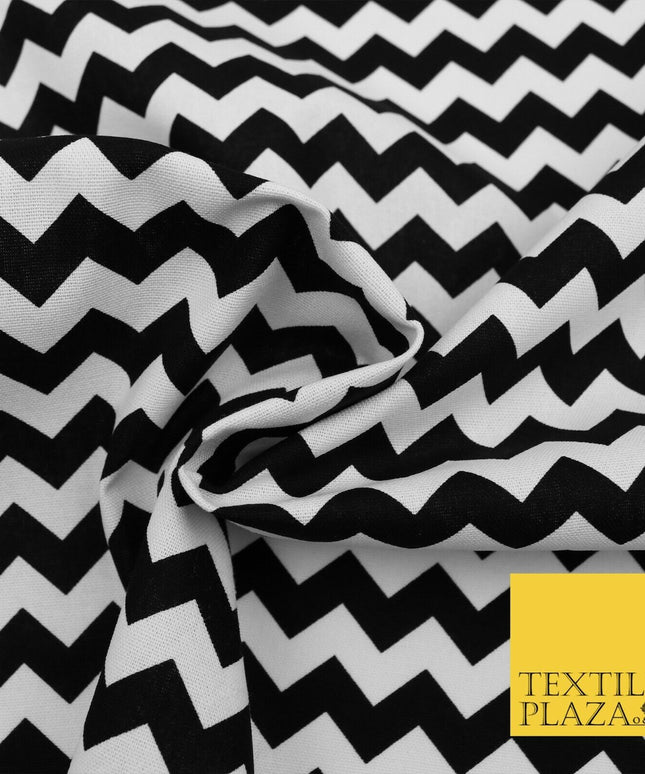 BLACK WHITE Zig Zag Wacky Illusion Print CANVAS Fabric Craft Dress Bags 1637