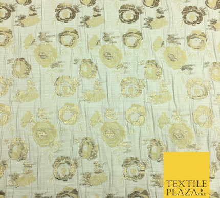 IVORY CREAM Floral Gold Metallic Rose Creased Brocade Jacquard Dress Fabric 1375