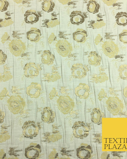 IVORY CREAM Floral Gold Metallic Rose Creased Brocade Jacquard Dress Fabric 1375