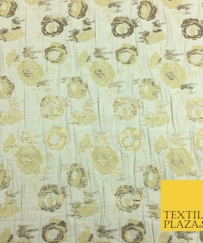 IVORY CREAM Floral Gold Metallic Rose Creased Brocade Jacquard Dress Fabric 1375