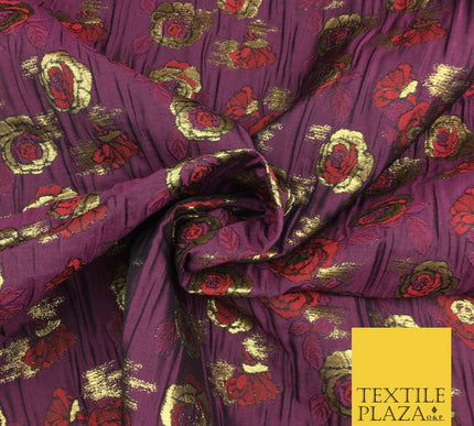 PLUM Two Tone Floral Metallic Rose Creased Brocade Jacquard Dress Fabric 1374