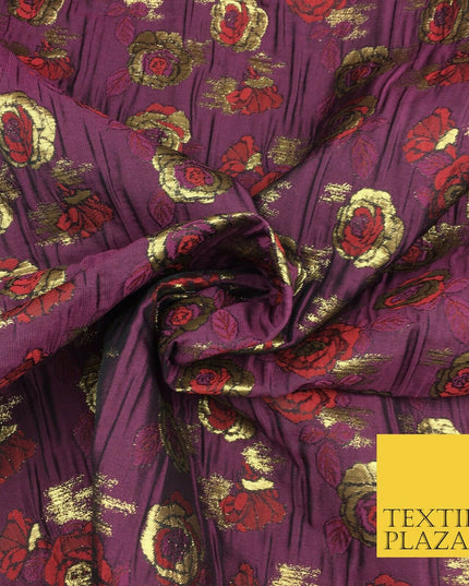 PLUM Two Tone Floral Metallic Rose Creased Brocade Jacquard Dress Fabric 1374