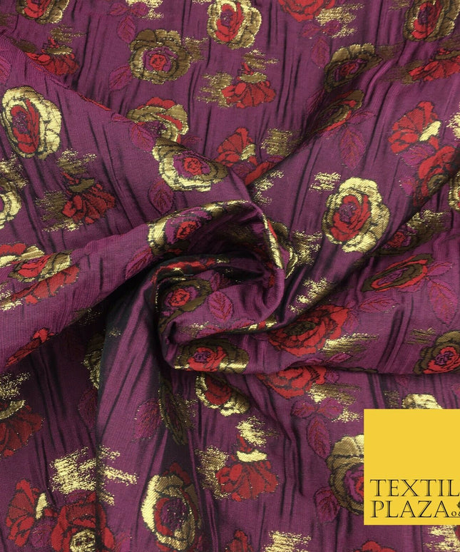 PLUM Two Tone Floral Metallic Rose Creased Brocade Jacquard Dress Fabric 1374