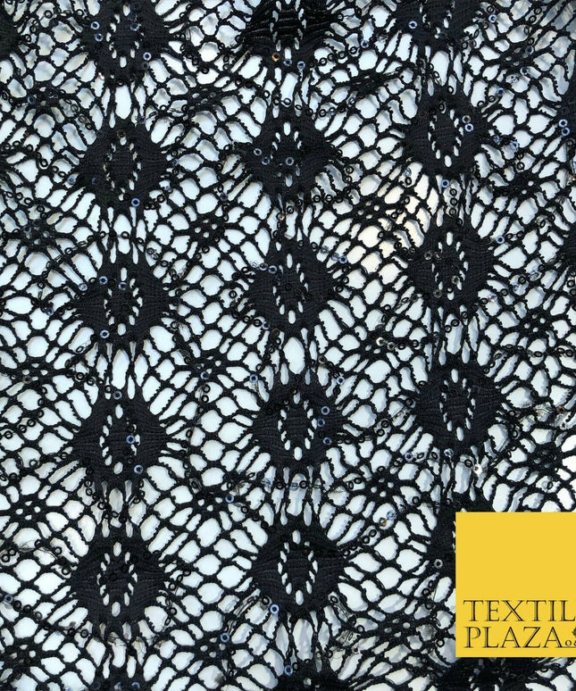 BLACK Webbed Sequin Lace Dress Fabric Fancy Craft Dance Sparkle 1239