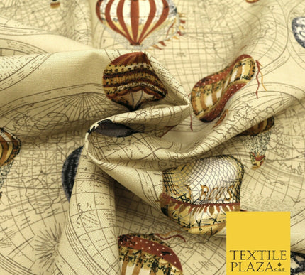 STONE BEIGE Vintage Hot Air Balloons 100% COTTON CANVAS Fabric Craft Bags 1642