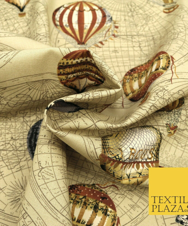 STONE BEIGE Vintage Hot Air Balloons 100% COTTON CANVAS Fabric Craft Bags 1642