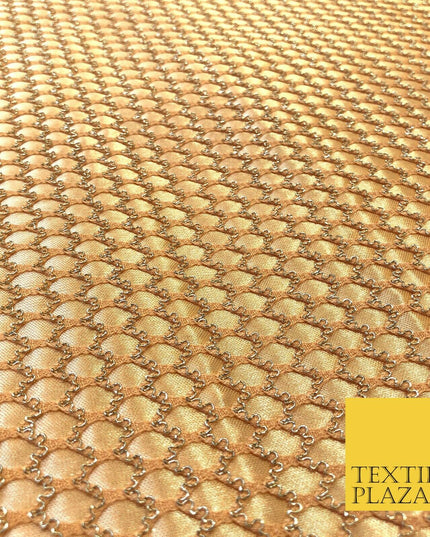 NUDE & GOLD Satin Bonded Large Hexagon Lace Dancewear Dress Fabric 1246