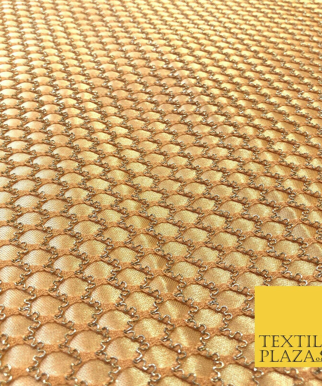 NUDE & GOLD Satin Bonded Large Hexagon Lace Dancewear Dress Fabric 1246