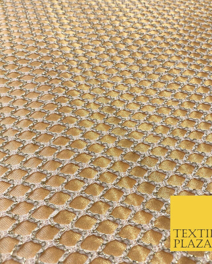 WHITE & GOLD Satin Bonded Large Hexagon Lace Dancewear Dress Fabric 1245