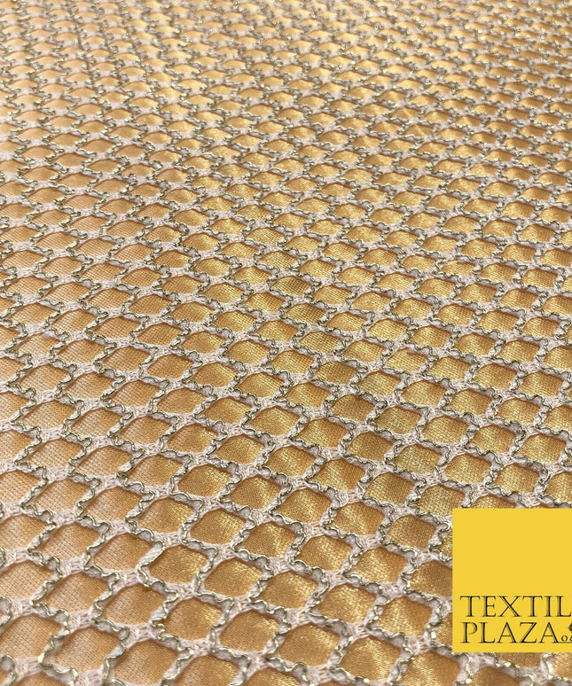 WHITE & GOLD Satin Bonded Large Hexagon Lace Dancewear Dress Fabric 1245