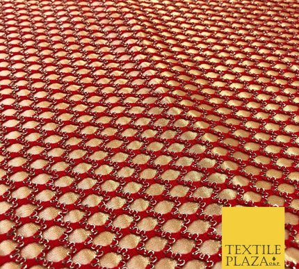 RED & GOLD Satin Bonded Large Hexagon Lace Dancewear Dress Fabric 1247