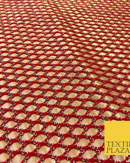 RED & GOLD Satin Bonded Large Hexagon Lace Dancewear Dress Fabric 1247