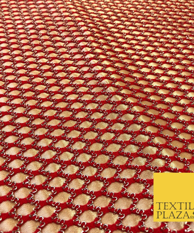 RED & GOLD Satin Bonded Large Hexagon Lace Dancewear Dress Fabric 1247