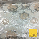 IVORY SILVER Luxury Floral Metallic Rose Brocade Dress Fabric Fancy 1372