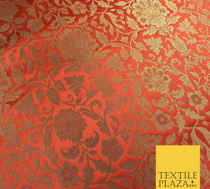 Luxury Rust Orange Indian Ornamental Brocade Banarsi Metallic Faux Silk - LC414