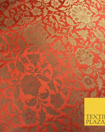 Luxury Rust Orange Indian Ornamental Brocade Banarsi Metallic Faux Silk - LC414