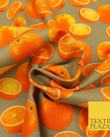 Warm Grey Fruity ORANGES 100% COTTON CANVAS Soft Fabric Craft Dress Bags 1639