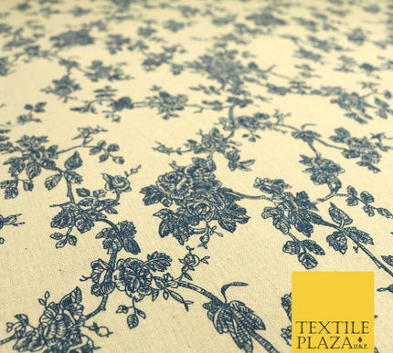 Blue Cream Floral POLYCOTTON CANVAS Dress Fabric Craft Bags 60" Wide 1645