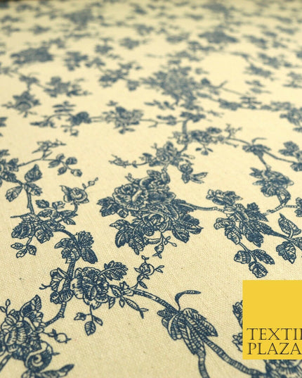 Blue Cream Floral POLYCOTTON CANVAS Dress Fabric Craft Bags 60" Wide 1645