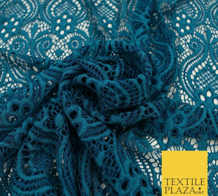 Teal Two Tone Ornate Webbed Vase Damask Lace Stretch Fabric Dress 1706