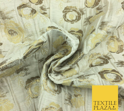 IVORY CREAM Floral Gold Metallic Rose Creased Brocade Jacquard Dress Fabric 1375