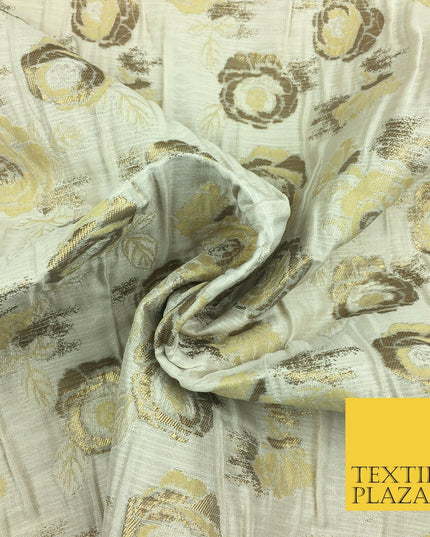 IVORY CREAM Floral Gold Metallic Rose Creased Brocade Jacquard Dress Fabric 1375