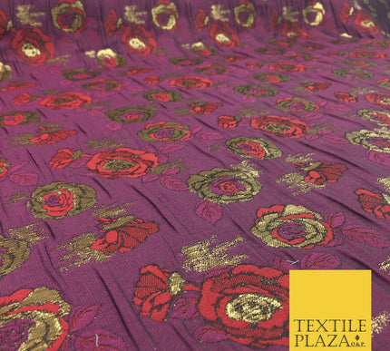 PLUM Two Tone Floral Metallic Rose Creased Brocade Jacquard Dress Fabric 1374