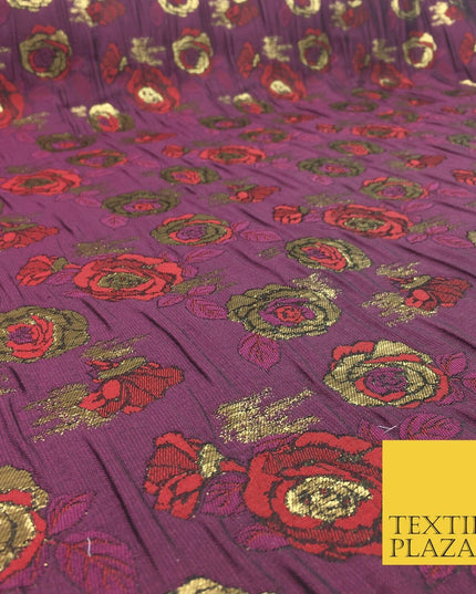 PLUM Two Tone Floral Metallic Rose Creased Brocade Jacquard Dress Fabric 1374