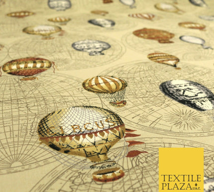 STONE BEIGE Vintage Hot Air Balloons 100% COTTON CANVAS Fabric Craft Bags 1642