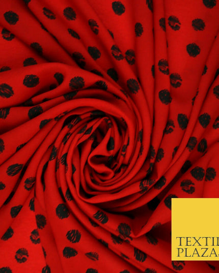 Deep Red 1.5cm Black Patterned Spot Polka Dot Textured Crepe Dress Fabric 2129