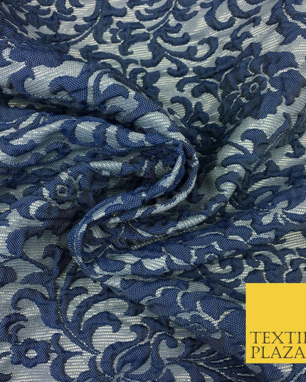 NAVY BLUE Ornate Floral 3D Bubble Brocade Dress Fabric Metallic Fancy 1363
