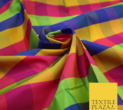 High Quality Bright Vibrant 4 Colour Check Faux Taffeta India Silk Dress Fabric