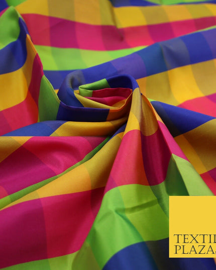 High Quality Bright Vibrant 4 Colour Check Faux Taffeta India Silk Dress Fabric