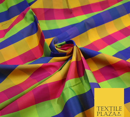 High Quality Bright Vibrant 4 Colour Check Faux Taffeta India Silk Dress Fabric