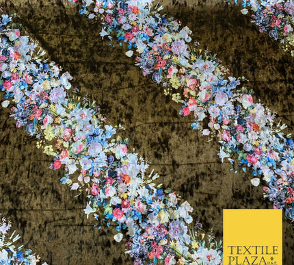 Various Floral Stripe Optical Blossom Printed Soft Stretch Velvet Dress Fabric