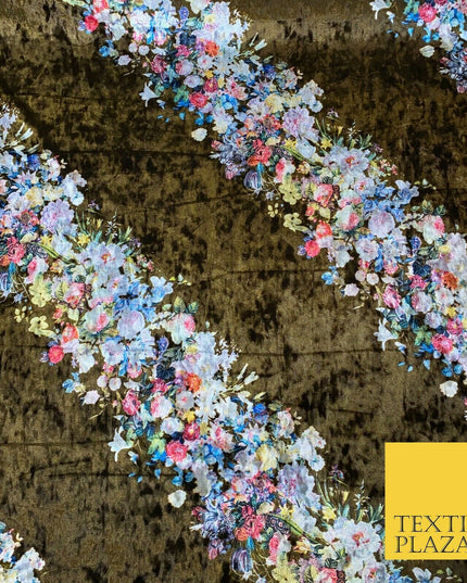 Various Floral Stripe Optical Blossom Printed Soft Stretch Velvet Dress Fabric
