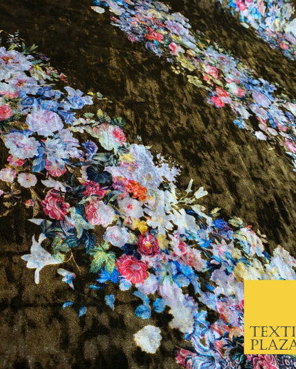 Various Floral Stripe Optical Blossom Printed Soft Stretch Velvet Dress Fabric