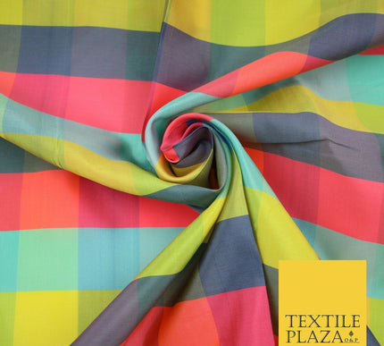 High Quality Bright Vibrant 4 Colour Check Faux Taffeta India Silk Dress Fabric