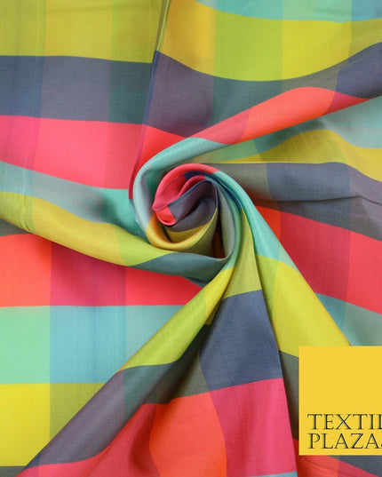 High Quality Bright Vibrant 4 Colour Check Faux Taffeta India Silk Dress Fabric