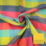 High Quality Bright Vibrant 4 Colour Check Faux Taffeta India Silk Dress Fabric