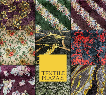 Various Floral Ornate Chain Stripe Swirl Printed Soft Stretch Velvet DressFabric