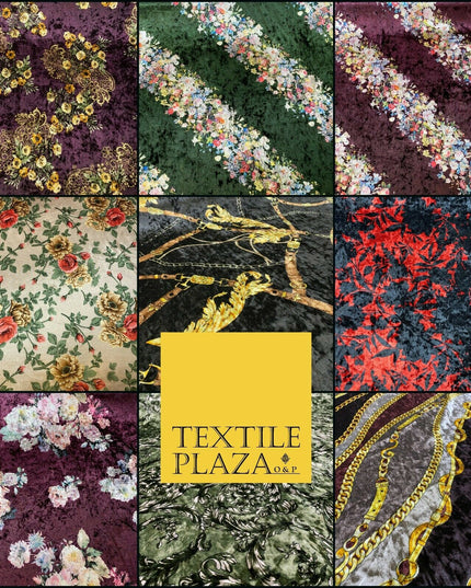 Various Floral Ornate Chain Stripe Swirl Printed Soft Stretch Velvet DressFabric