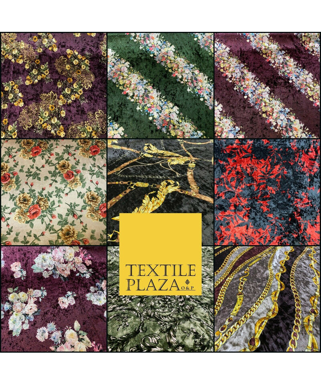 Various Floral Ornate Chain Stripe Swirl Printed Soft Stretch Velvet DressFabric
