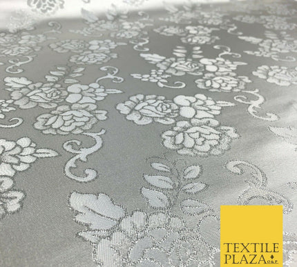 SILVER Ornamental Flower Ornate Rose Brocade Dress Fabric Metallic Woven 1398